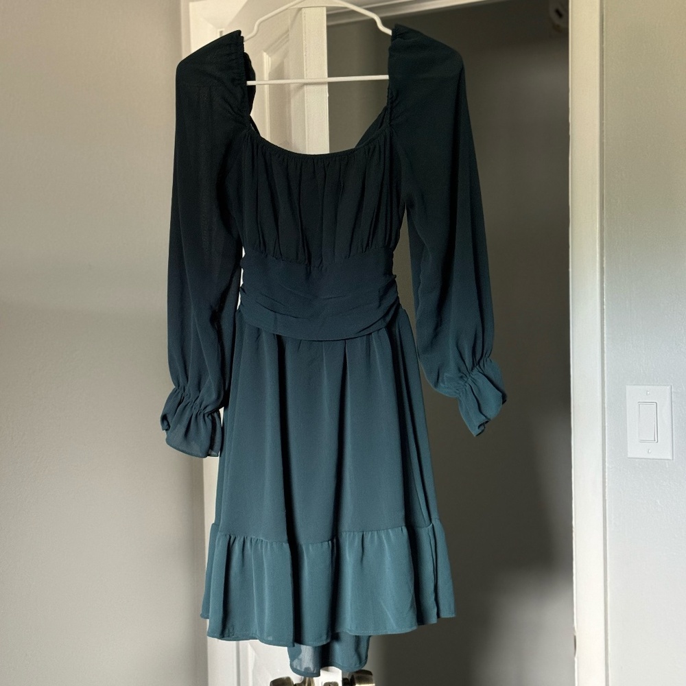 EXLURA - Women's Lantern Sleeve, Square Neck, Tie Back Mini Dress - SMALL - Teal